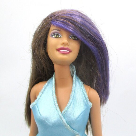 Barbie Doll With 1999 Body & 2003 Head In Blue Halter Dress & Brown-Purple Hair - Picture 1 of 5